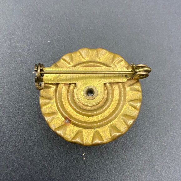 Vintage Gold-Tone Brooch Domed Black Glass Cabochon Rhinestones Brass MCM - Picture 2 of 7